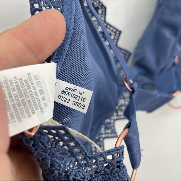 Aerie Floral Lace Triangle Bralette Periwinkle Blue Gold Side Ring Size S - Picture 6 of 7